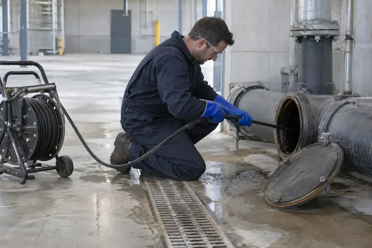 Industrial drainage technician in protective gloves and goggles feeds a jetting hose through the open inspection access of a large horizontal waste pipe at floor level inside an empty factory utility area. Nearby floor channel and unbranded jetting reel, believable industrial pipework.