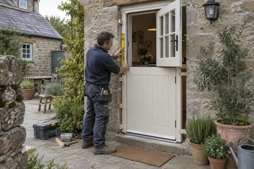 Carpenter installing a glazed stable door at a cottage