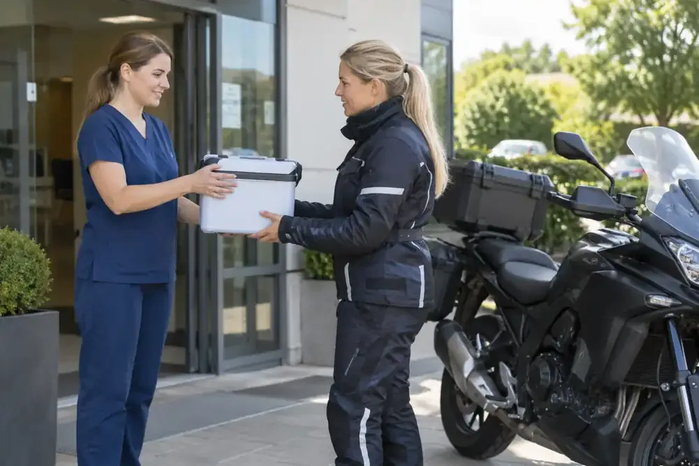 a motorcycle courier preparing or handing over a suitable consignment