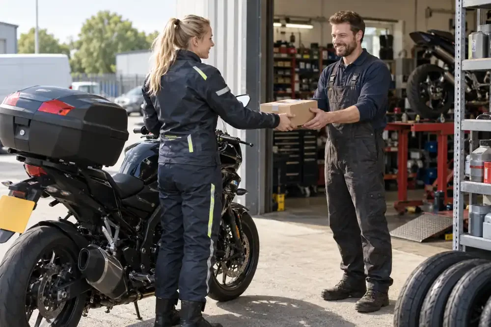 a motorcycle courier preparing or handing over a suitable consignment